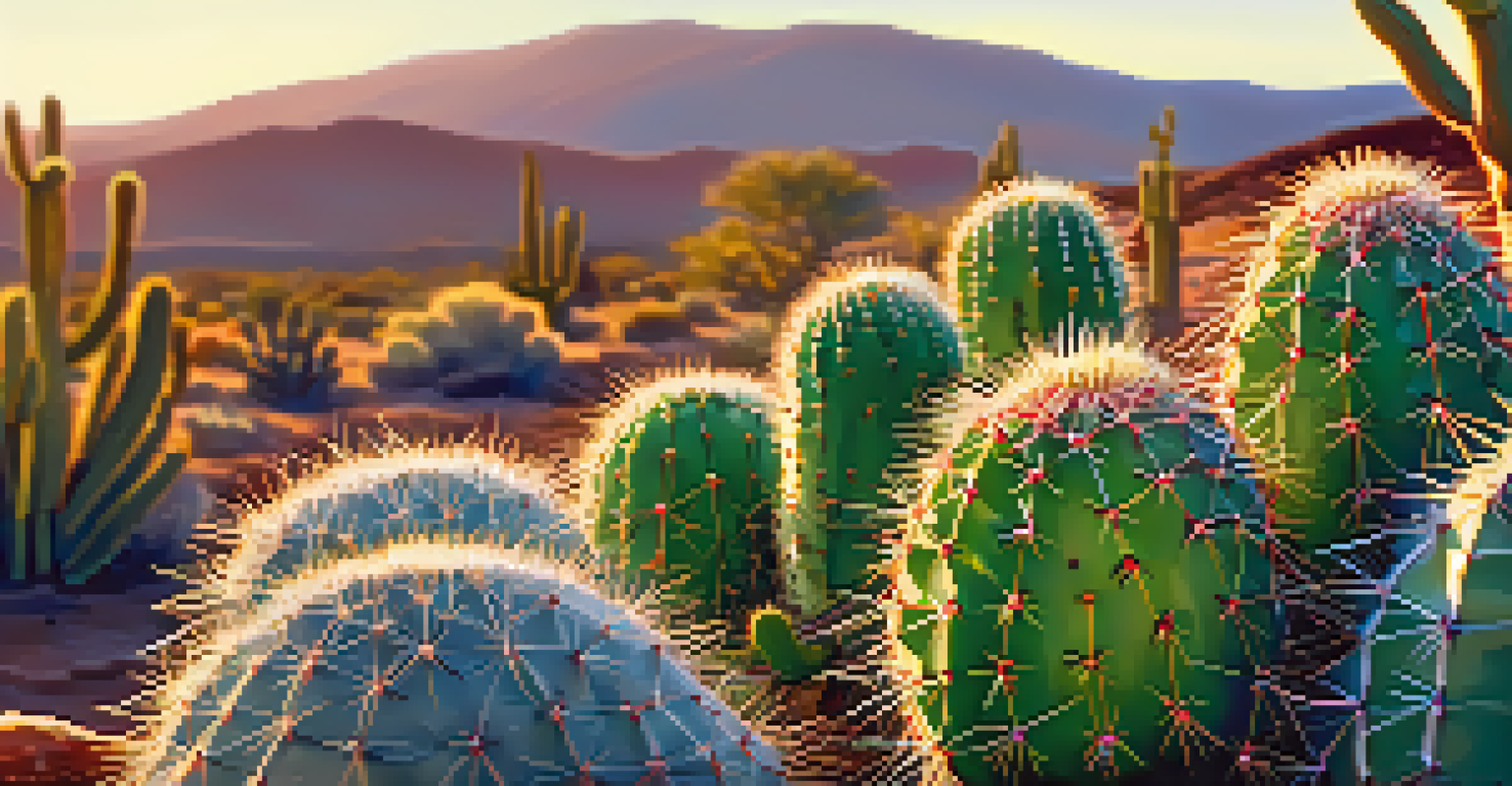 A detailed close-up of a peyote cactus with sunlight filtering through, showcasing its spines and flowers.