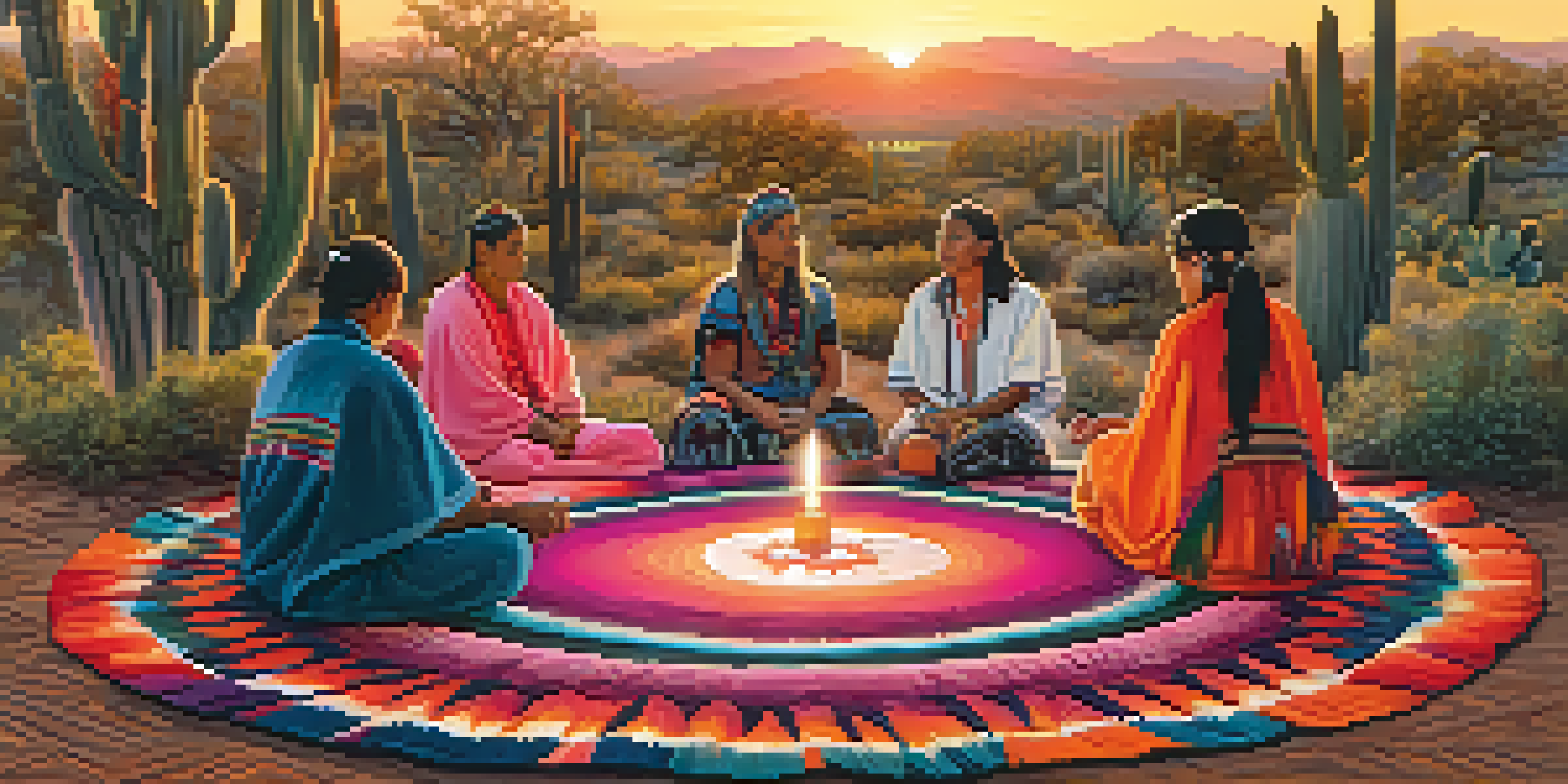 A peaceful Peyote ceremony with participants sharing stories in a natural setting at sunset.