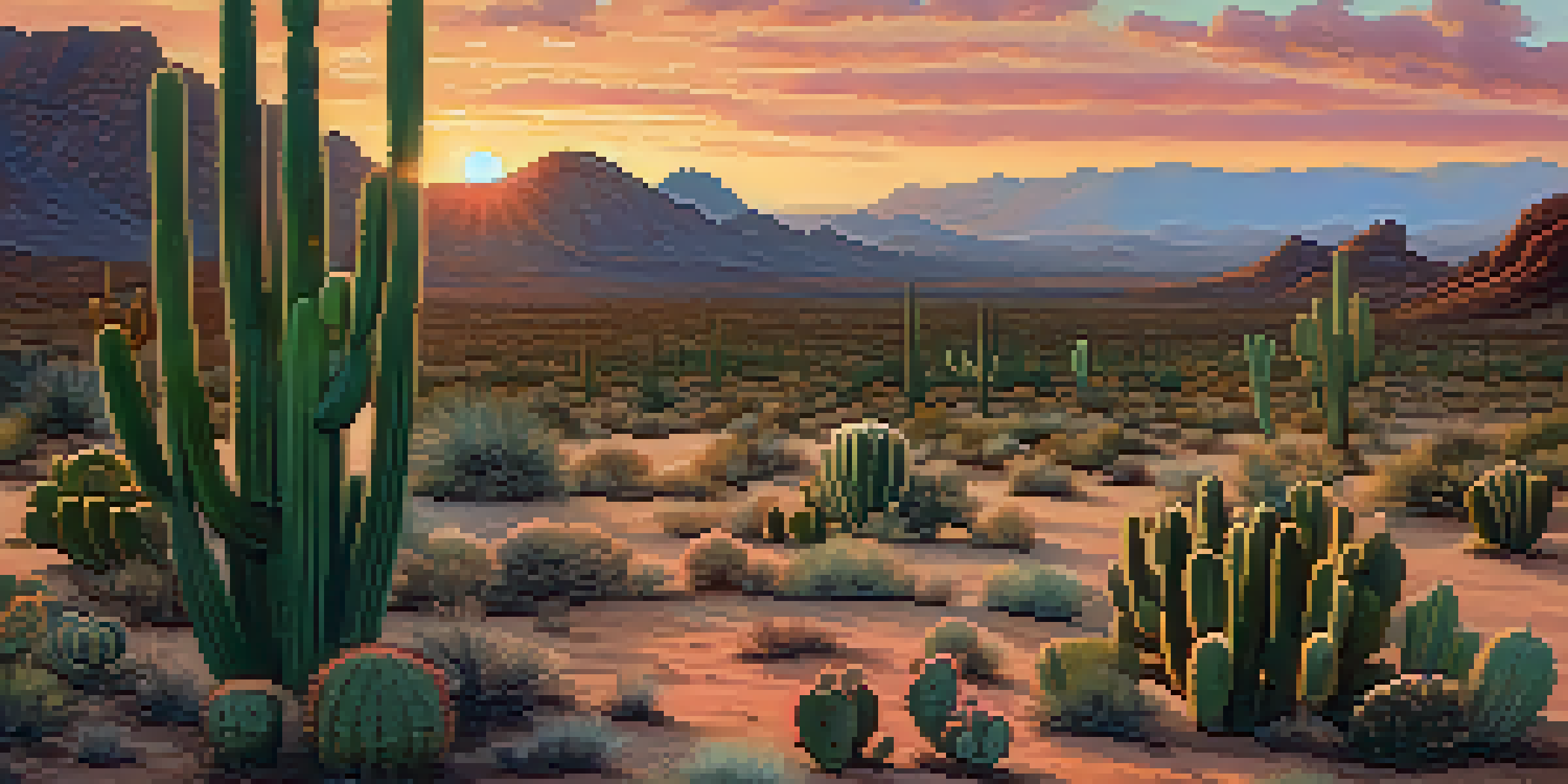 A peaceful desert scene at dusk with peyote cacti in the foreground and a colorful sky.