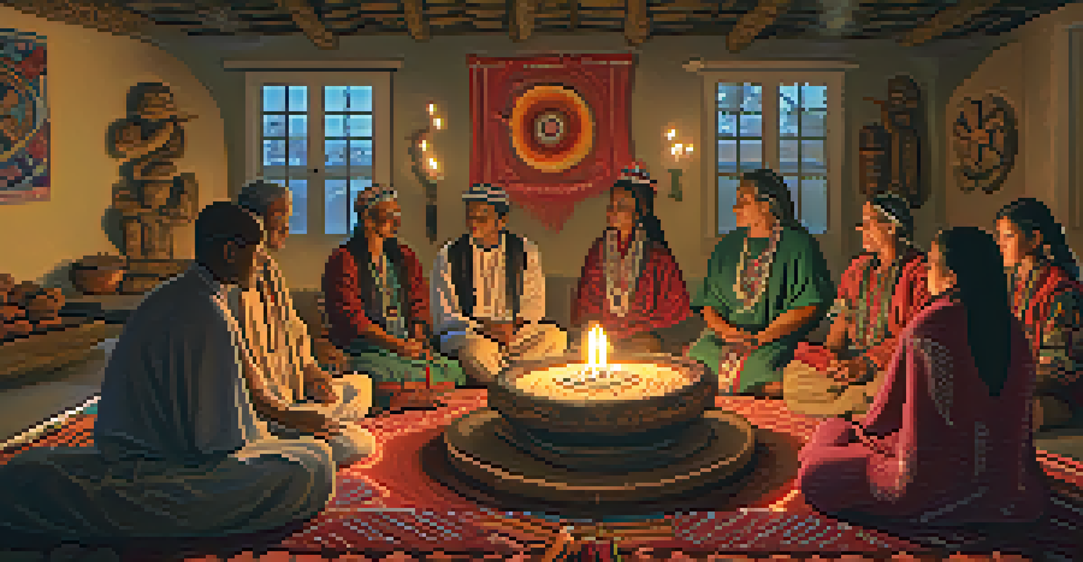 A group of people participating in a traditional peyote ceremony in a dimly lit room.