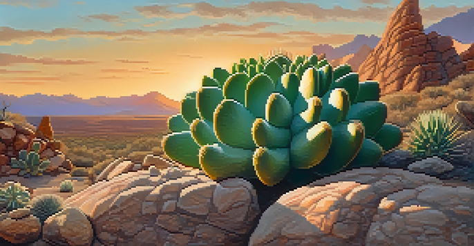 A close-up of a green Peyote cactus with white tufts, set against rocky desert terrain and distant mountains, illuminated by warm sunset light.