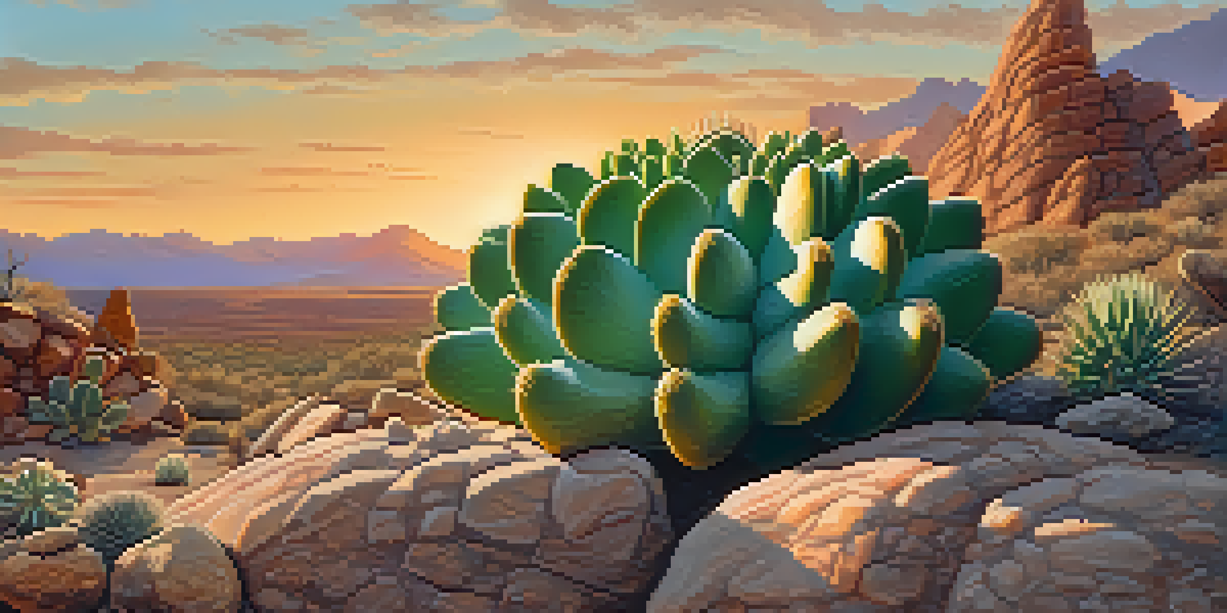 A close-up of a green Peyote cactus with white tufts, set against rocky desert terrain and distant mountains, illuminated by warm sunset light.