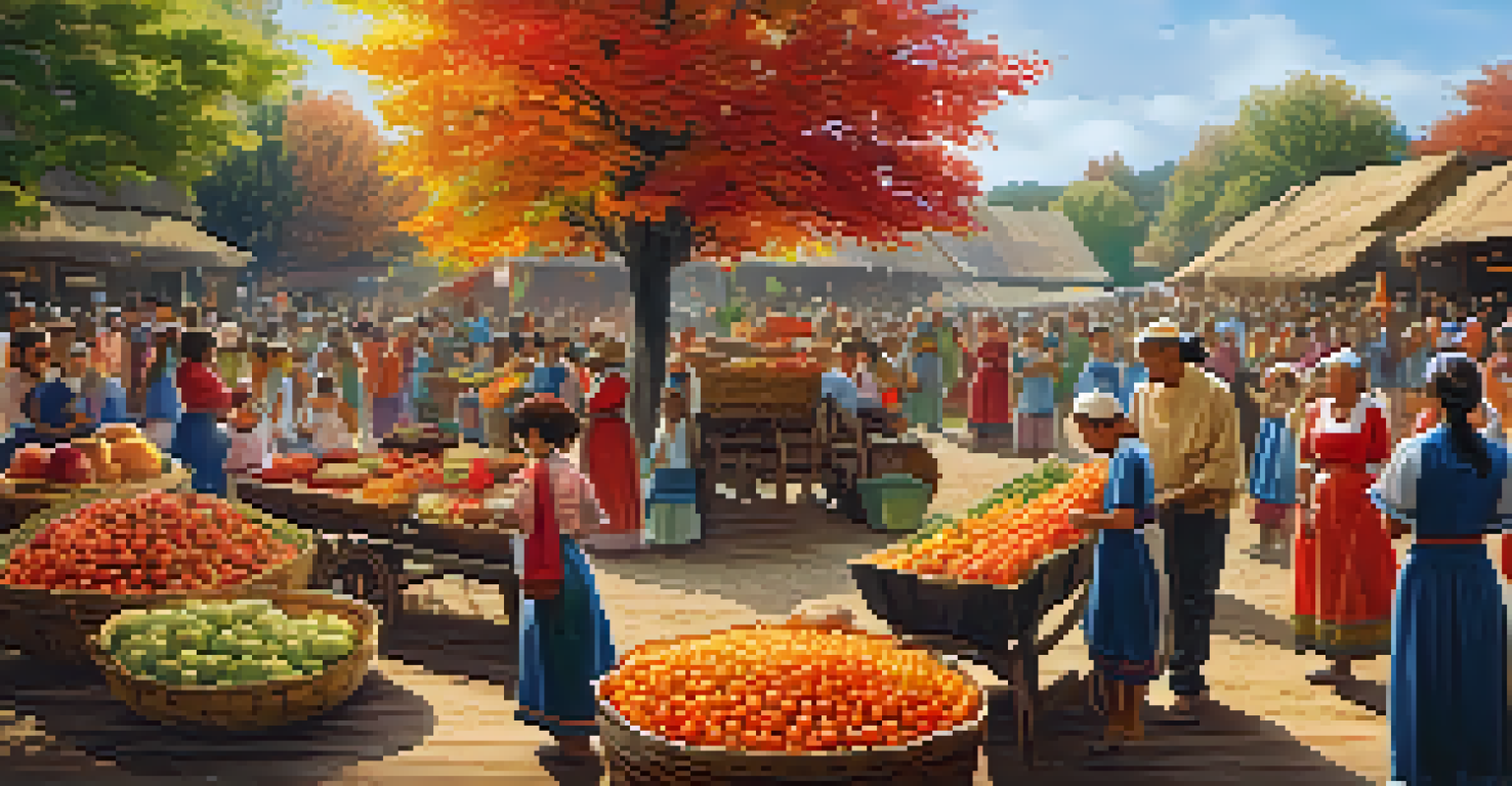 A vibrant harvest festival with community members engaging in storytelling, dancing, and food preparation, surrounded by colorful decorations.