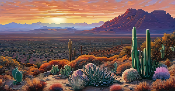 Panoramic view of the Chihuahuan Desert at sunset with peyote cacti in the foreground.