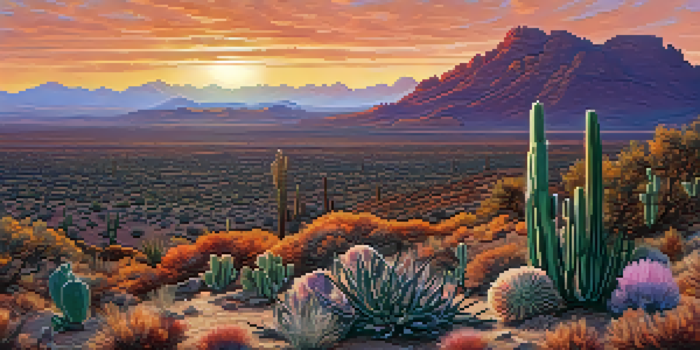 Panoramic view of the Chihuahuan Desert at sunset with peyote cacti in the foreground.
