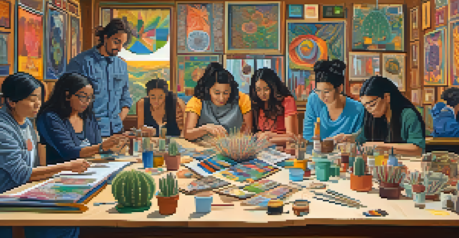 A creative workshop with artists creating artworks inspired by a peyote cactus.
