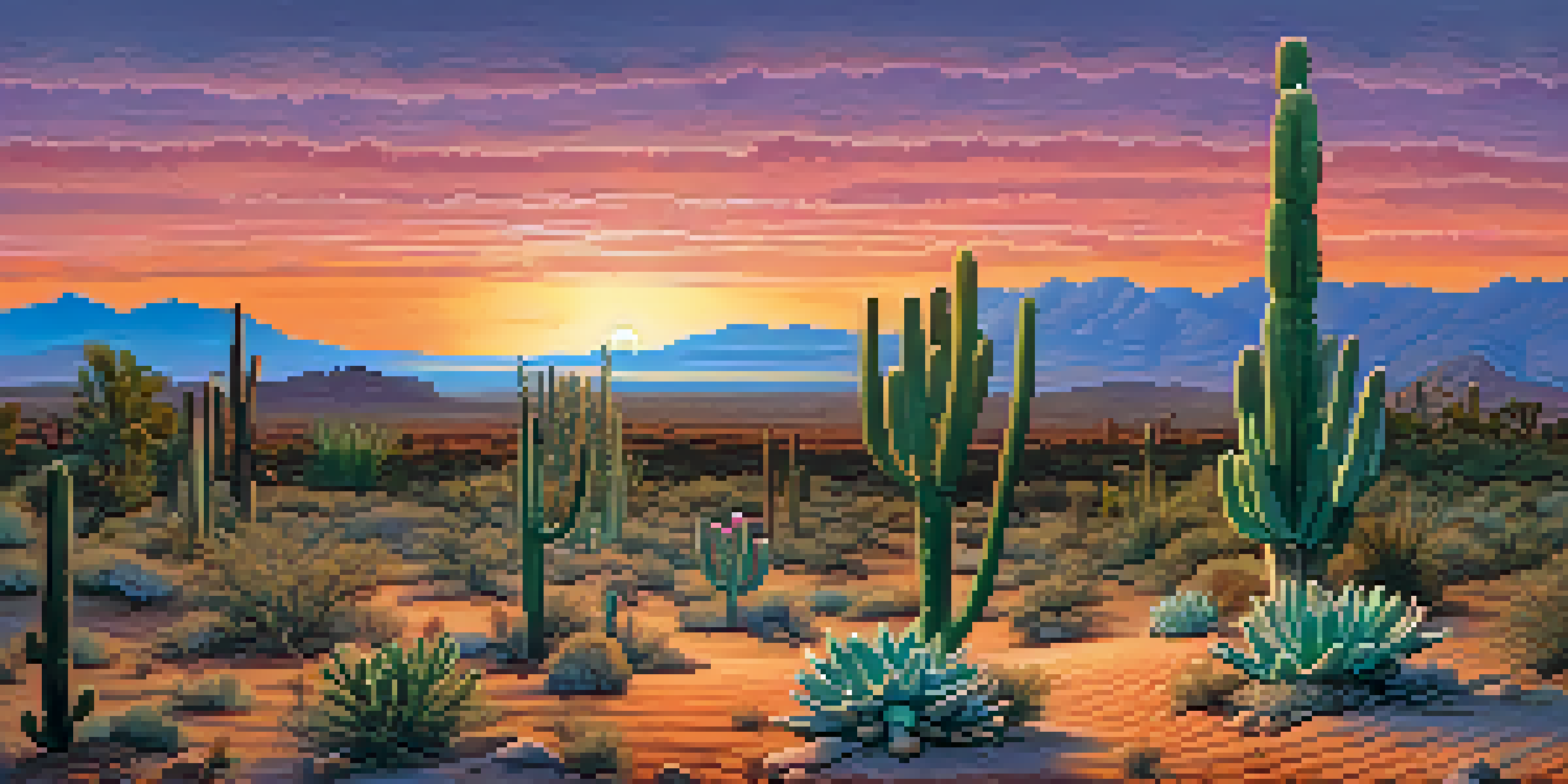 A desert landscape at sunset with peyote cacti in the foreground, showcasing warm colors in the sky.