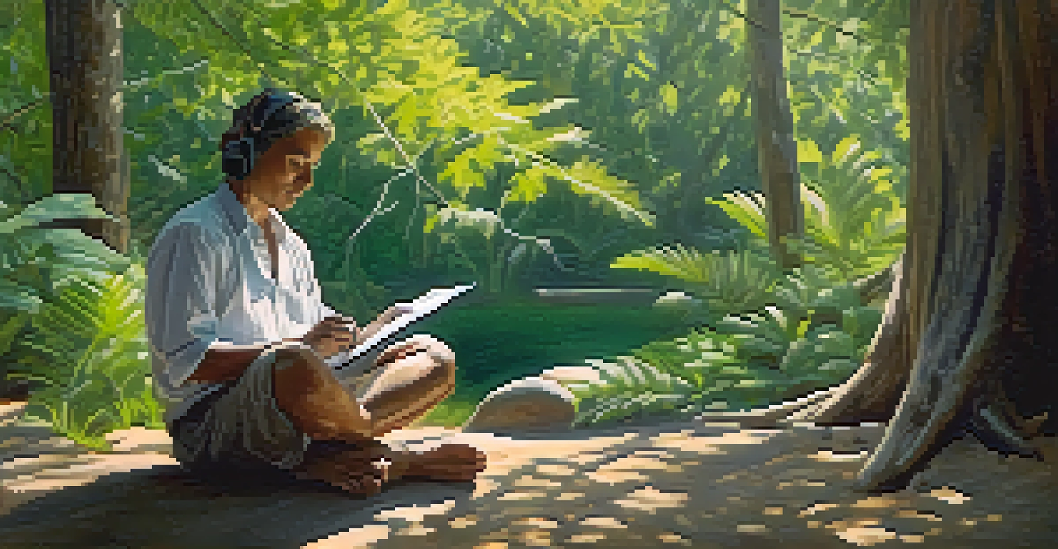 A person in nature, sitting peacefully with a journal and pen, reflecting after a Peyote ceremony.