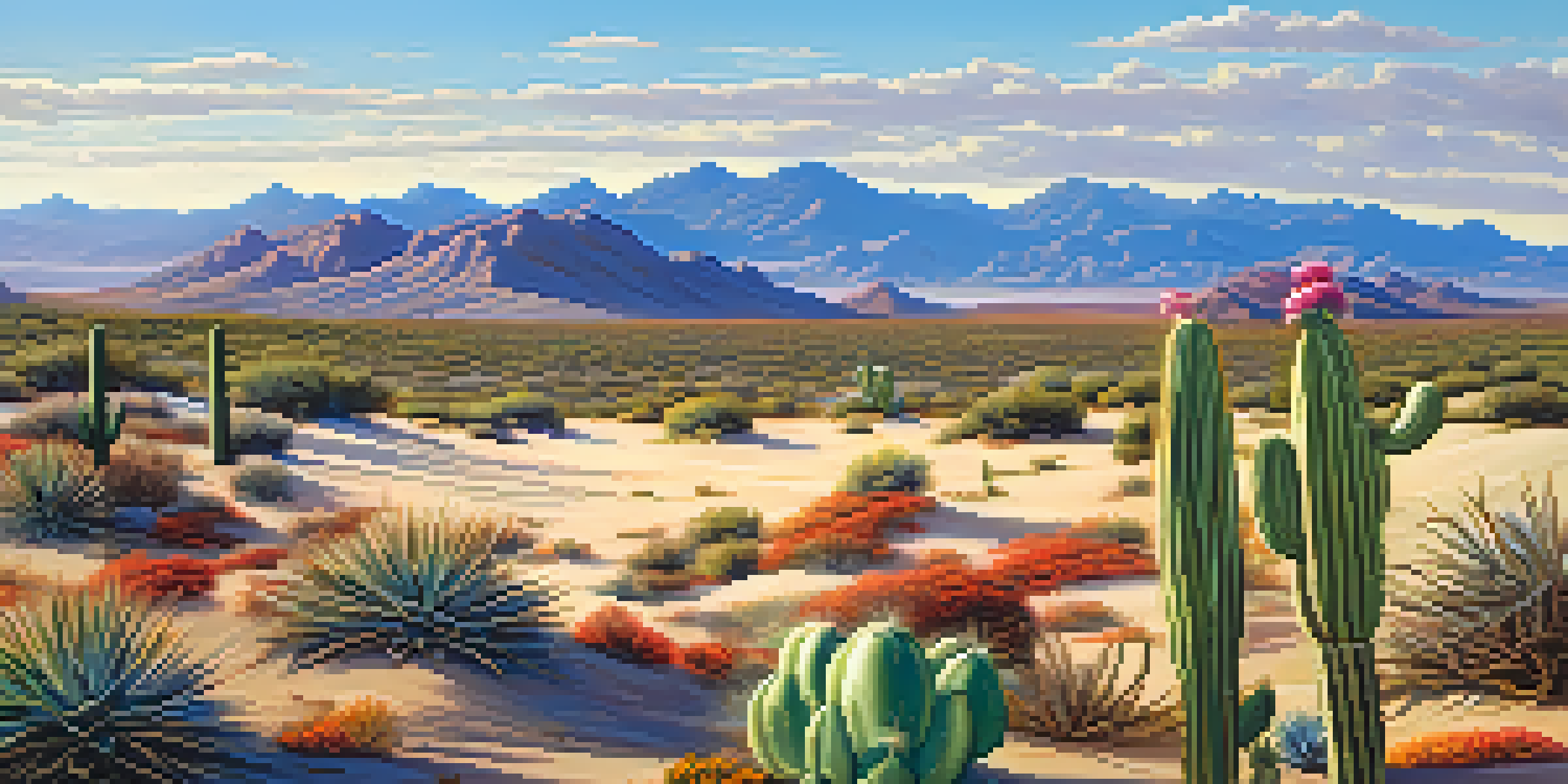 A bright desert scene with a blooming peyote cactus in the foreground and distant mountains in the background.