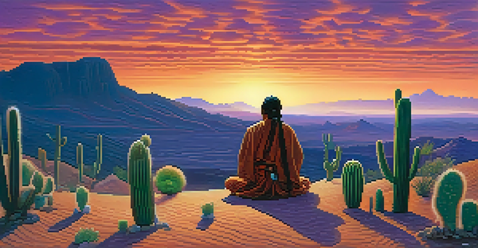 A peaceful desert scene at dusk with peyote cacti and an Indigenous healer meditating.