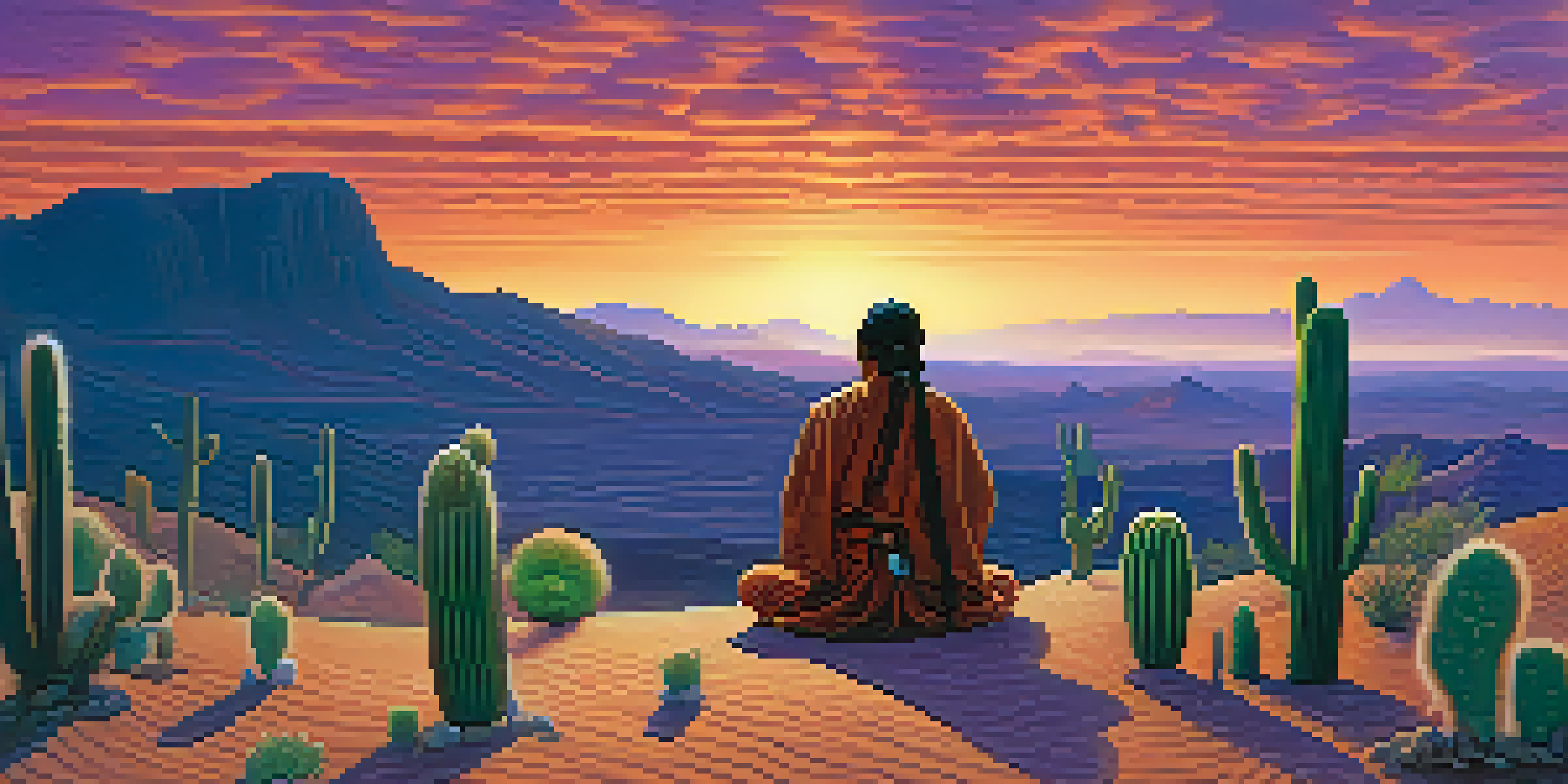 A peaceful desert scene at dusk with peyote cacti and an Indigenous healer meditating.