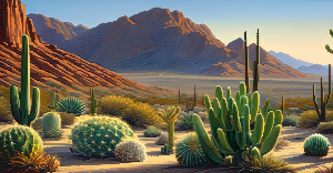 A desert landscape at sunrise featuring various cacti, including the peyote cactus, with warm golden light and wildflowers in the foreground.