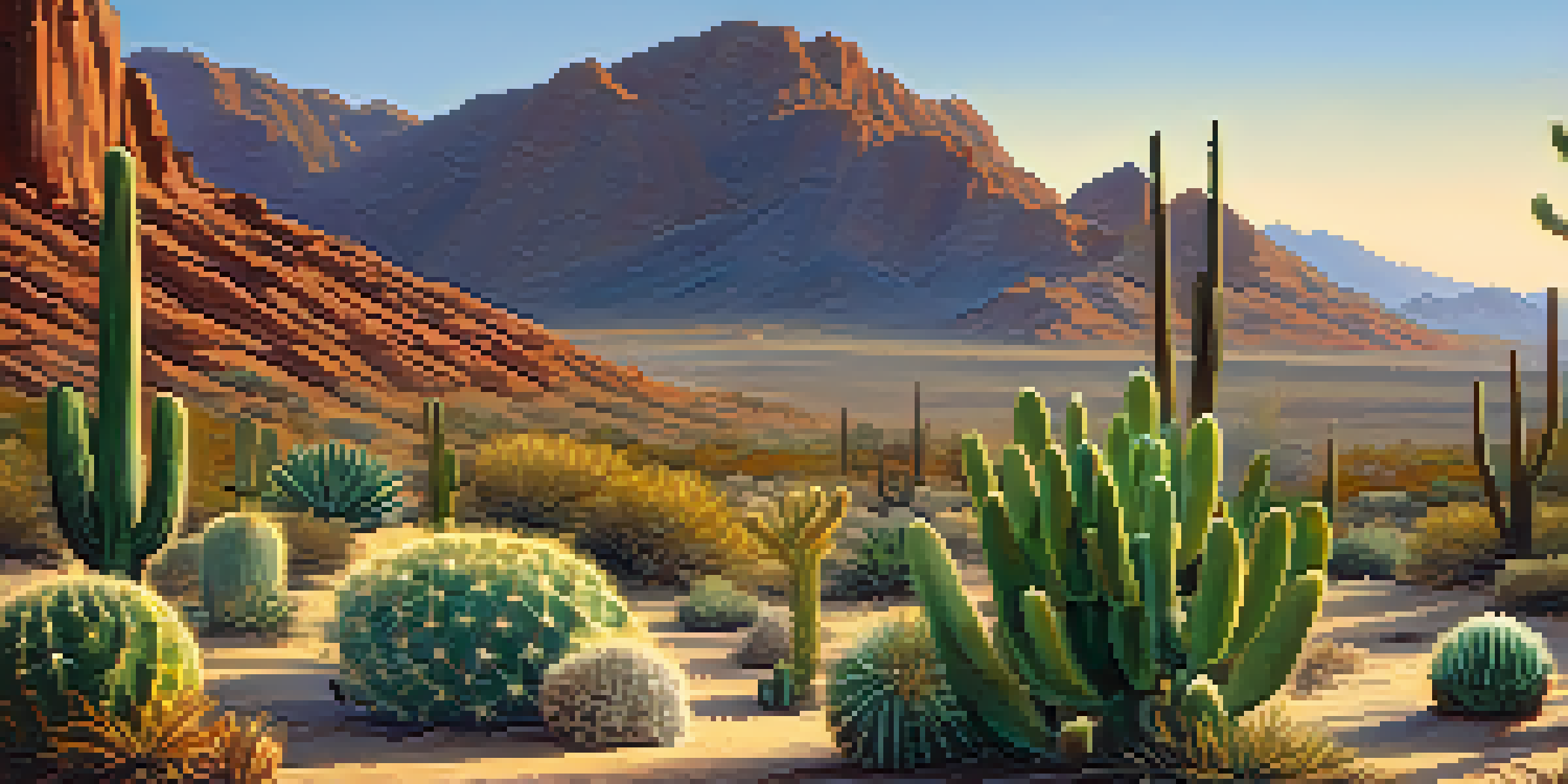 A desert landscape at sunrise featuring various cacti, including the peyote cactus, with warm golden light and wildflowers in the foreground.