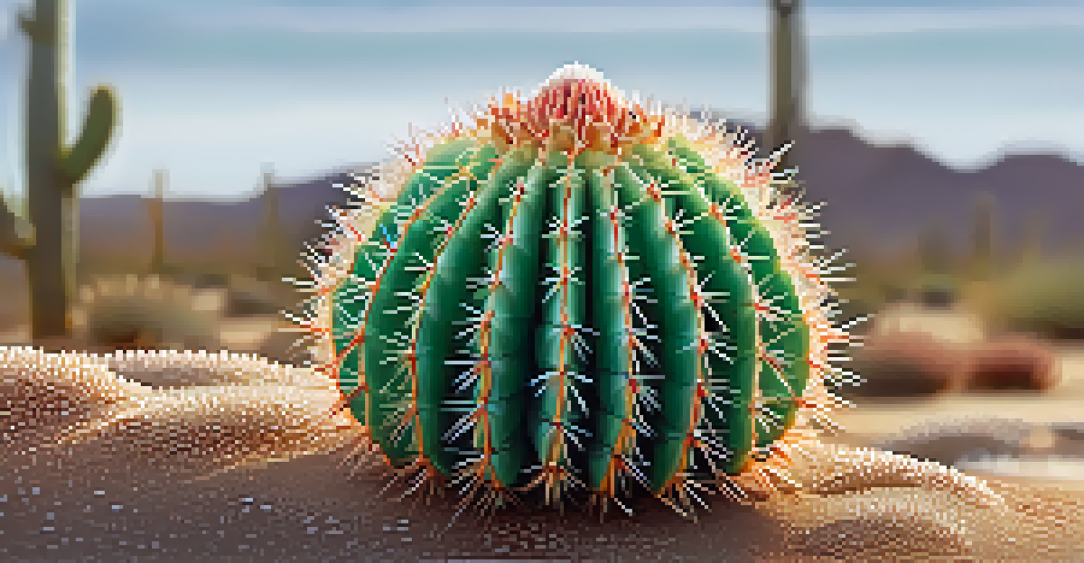 Close-up view of a Peyote cactus highlighting its round shape and dew-covered surface against a soft desert background.