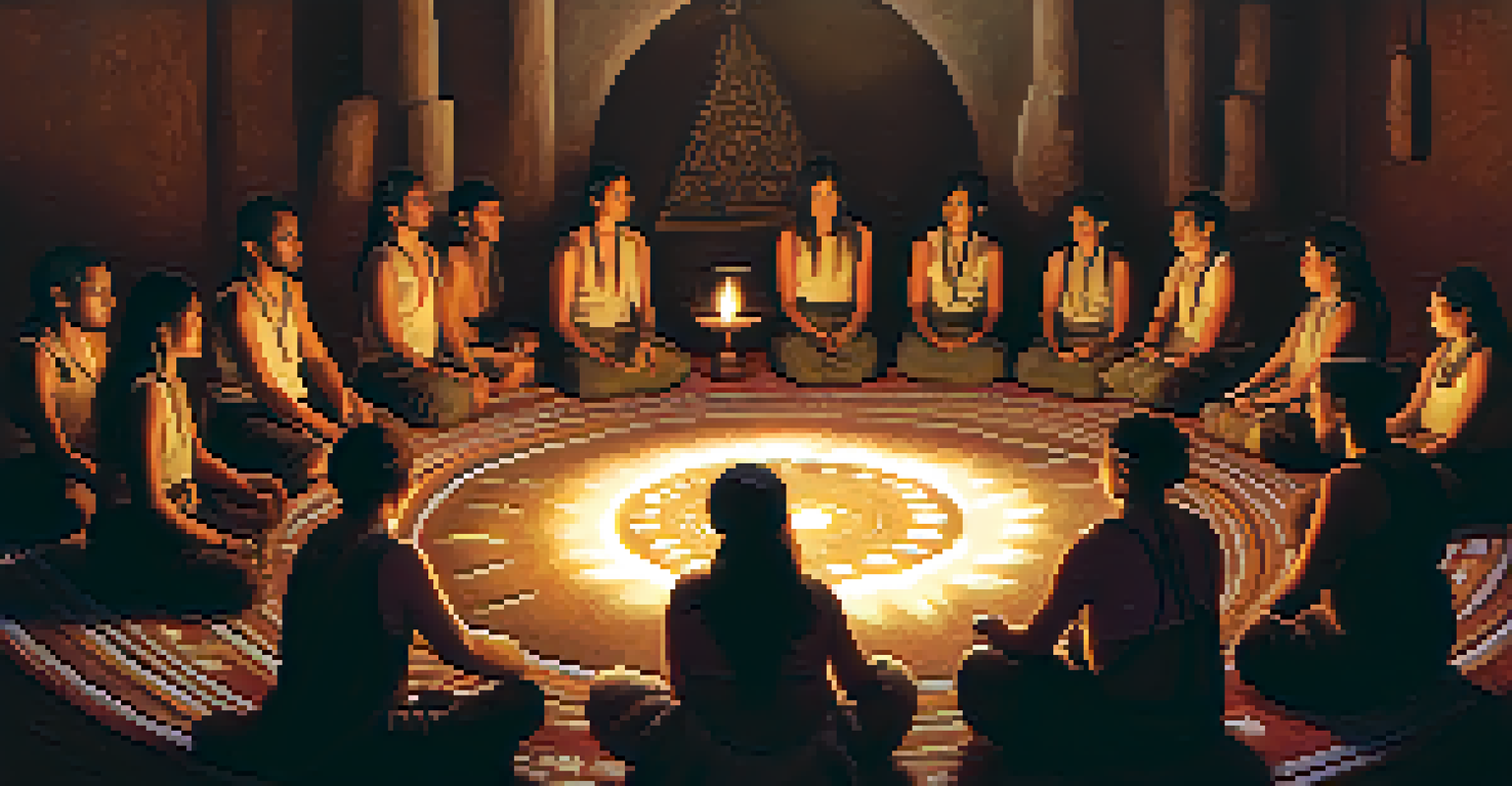 People participating in a peyote ceremony, seated in a circle with candlelight.
