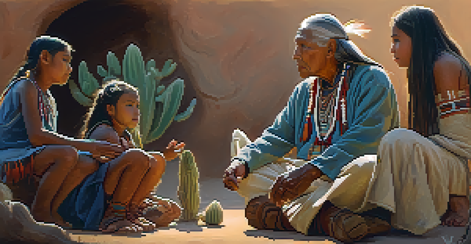 An elder in traditional attire sharing wisdom with younger participants during a peyote ceremony, surrounded by natural elements.