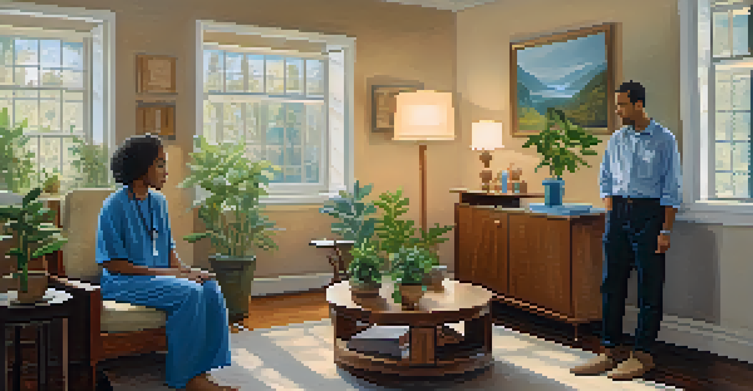 A cozy therapy room with a therapist and patient, decorated with plants and calming colors.