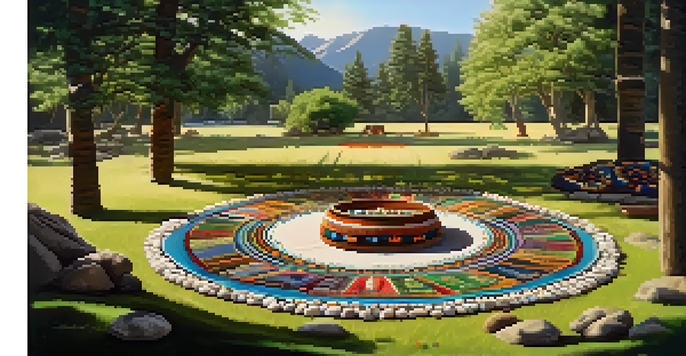 An outdoor sacred space for a peyote ceremony with stones, an altar, and sunlight filtering through trees.