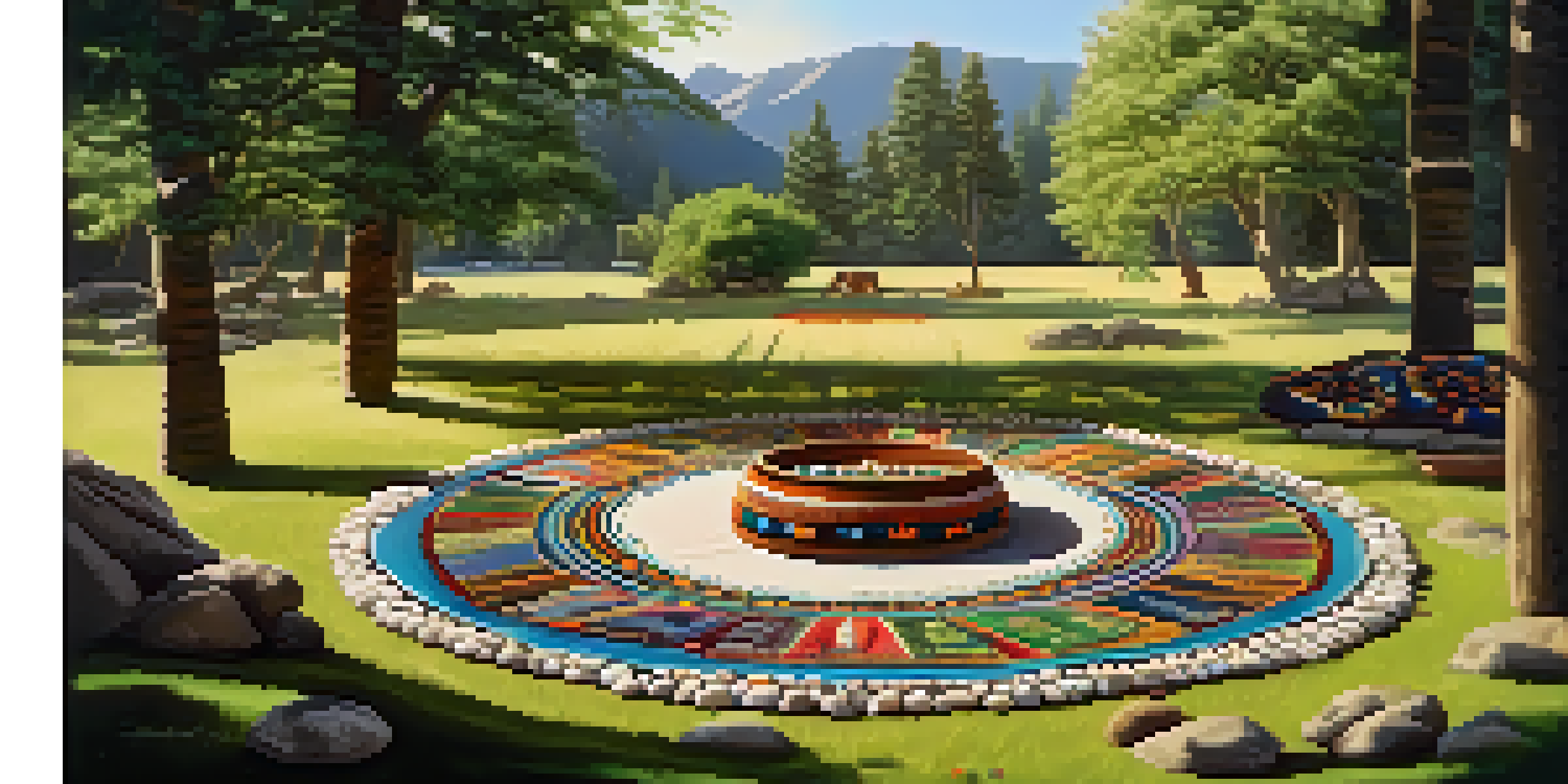 An outdoor sacred space for a peyote ceremony with stones, an altar, and sunlight filtering through trees.