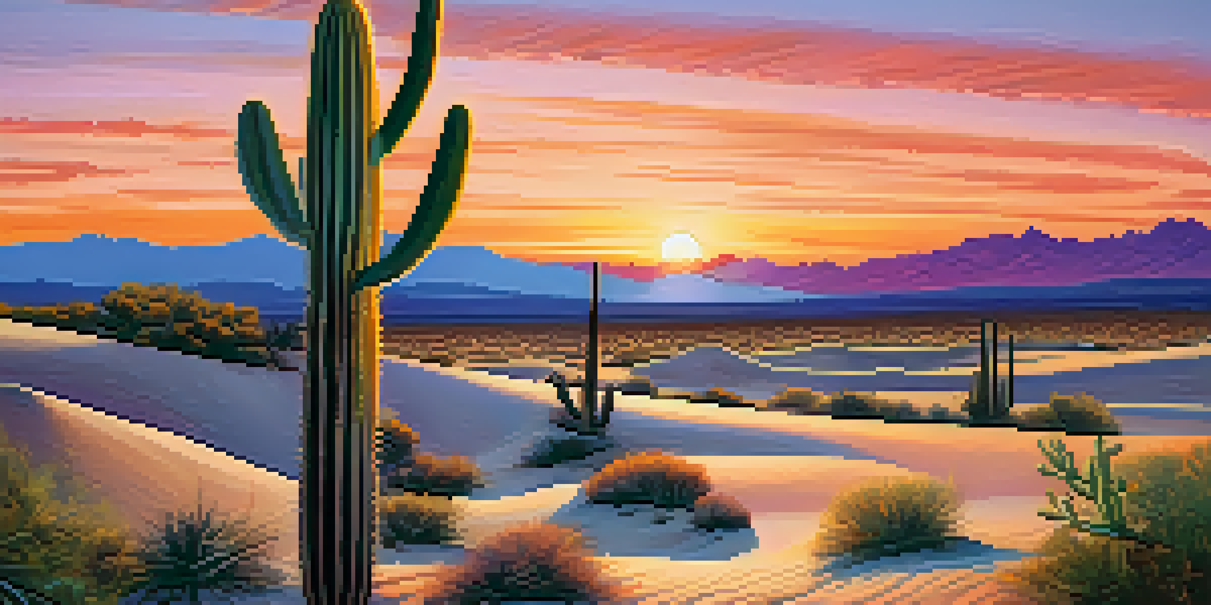 A peaceful desert scene at sunset with a small peyote cactus in the foreground and colorful skies.