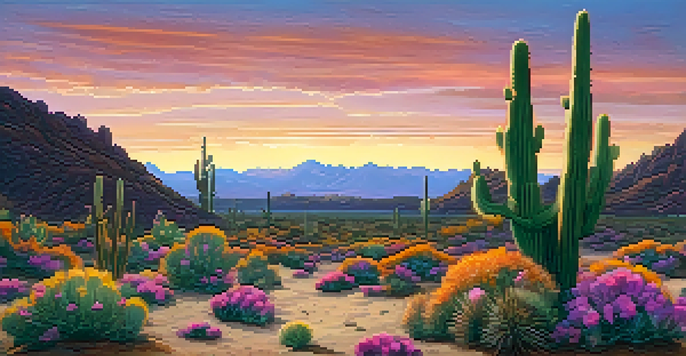 A desert landscape at sunset showcasing a close-up of a peyote cactus with pink flowers, set against a colorful sky and distant mountains.