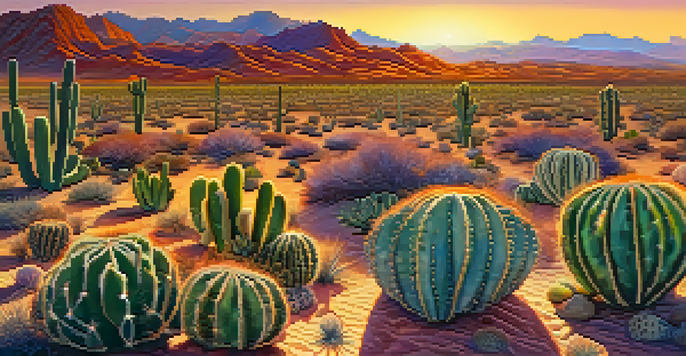 A close-up of a vibrant peyote cactus with colorful desert flowers in golden hour light, showcasing intricate patterns and soft shadows.
