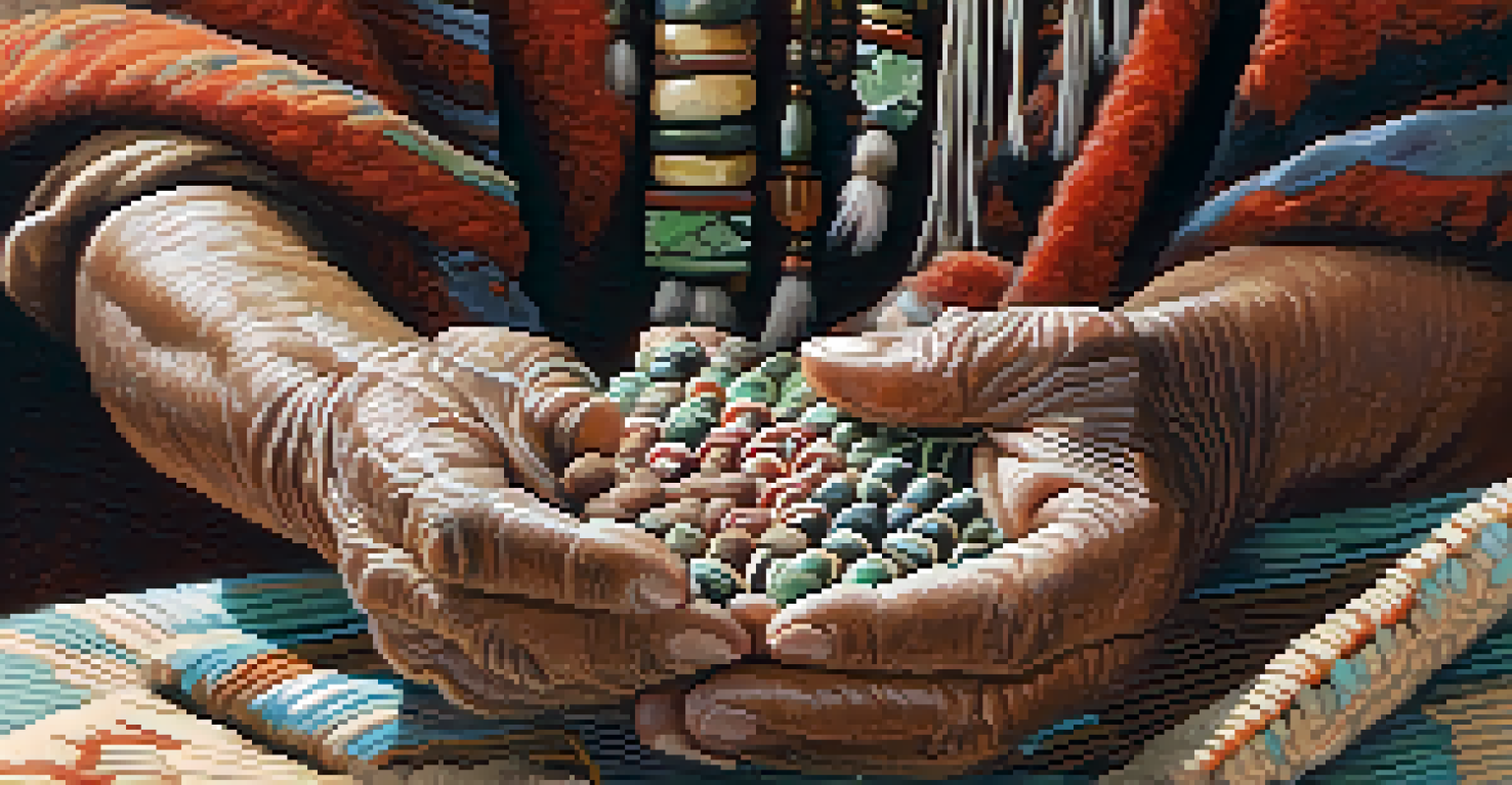 A close-up of an elder's hands preparing peyote for a ceremony, highlighting the texture of the peyote and the elder's aged hands, with a softly blurred background.