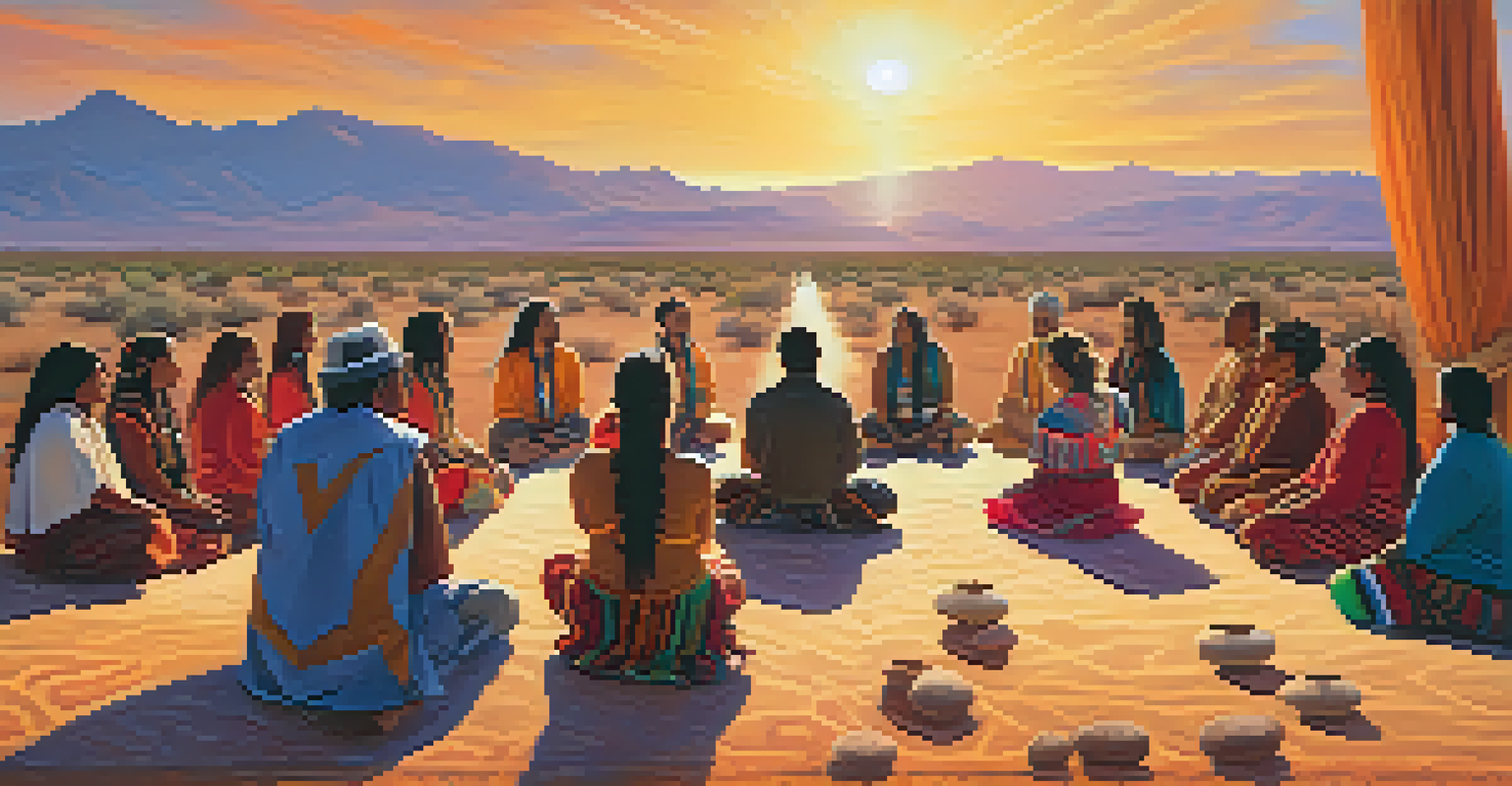 A diverse group of participants in a peyote ceremony meditating together in a desert landscape during sunset.
