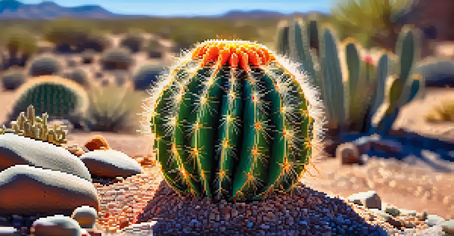 Close-up view of a peyote cactus with vibrant colors and textures, set against a softly blurred desert background.