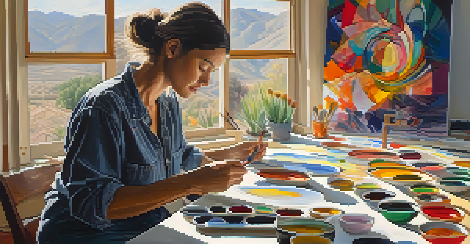 An artist in a bright studio painting abstract forms inspired by peyote, with colorful paint supplies around her.
