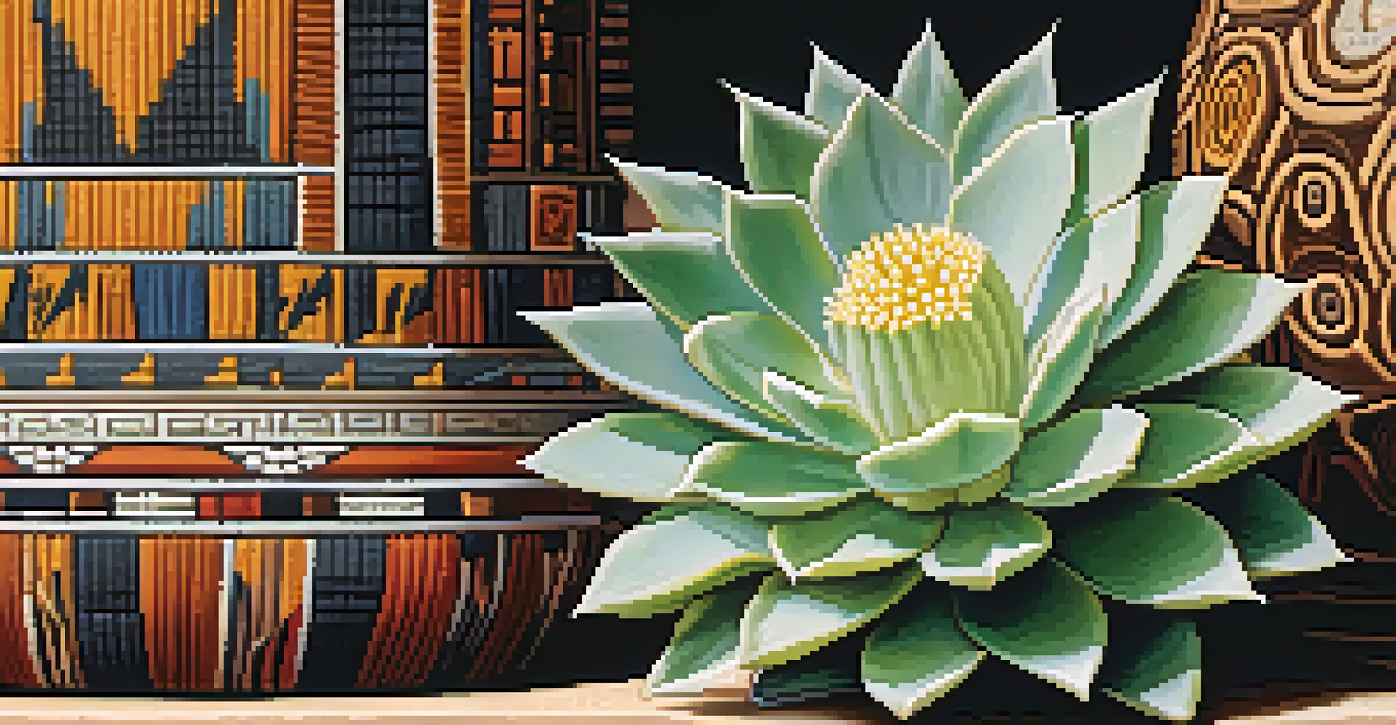 A detailed close-up of a peyote cactus with visible spines, surrounded by blurred images of Native American pottery and textiles in the background.