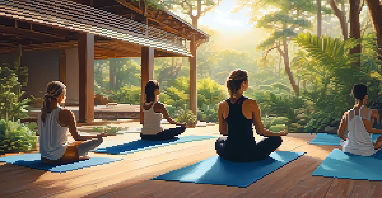 Participants practicing yoga in a sunlit outdoor retreat space, surrounded by lush greenery and emphasizing mindfulness.
