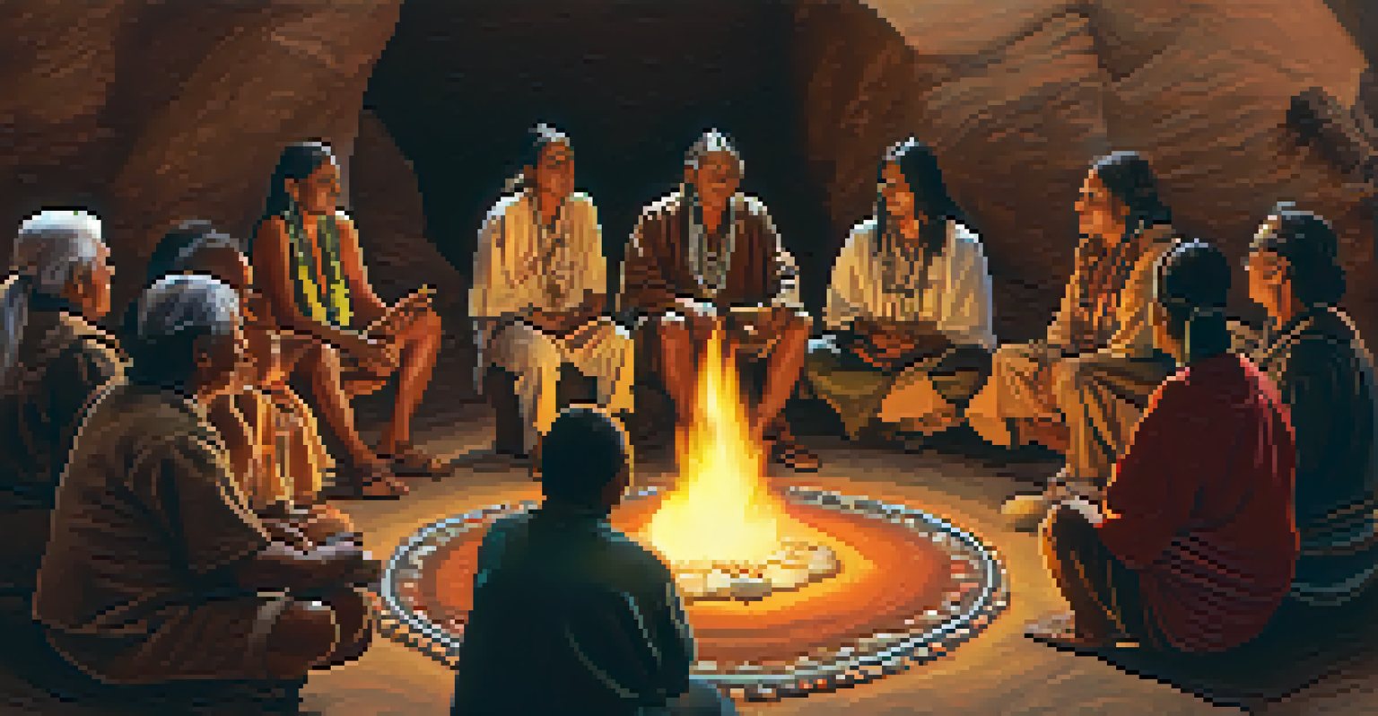 An Indigenous elder leading a peyote ceremony with participants sitting in a circle around a fire, creating a warm and reverent atmosphere.
