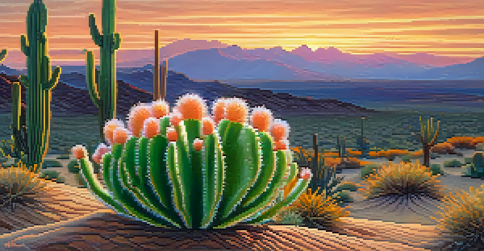 A close-up of a peyote cactus in a desert landscape during sunset, with colorful sky and blooming wildflowers.
