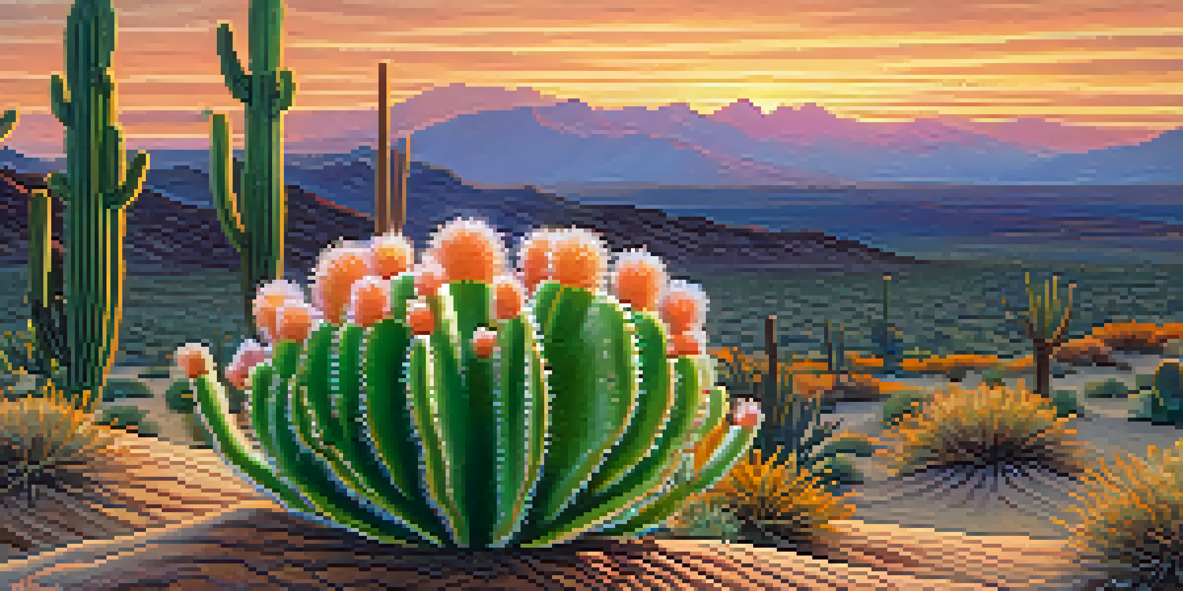 A close-up of a peyote cactus in a desert landscape during sunset, with colorful sky and blooming wildflowers.