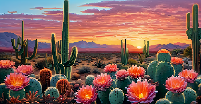 A tranquil desert scene with peyote cacti under a colorful sunset sky.