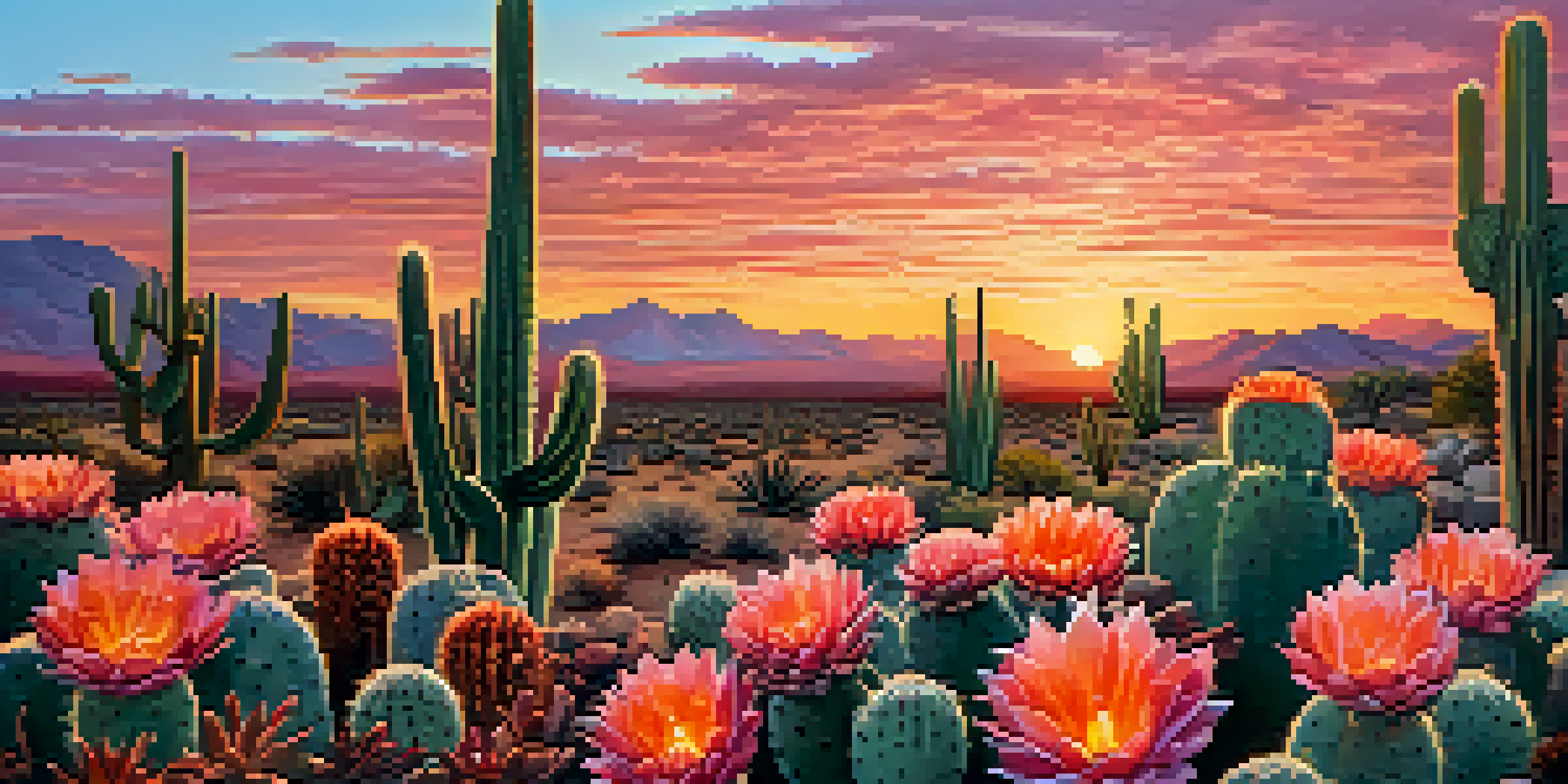 A tranquil desert scene with peyote cacti under a colorful sunset sky.