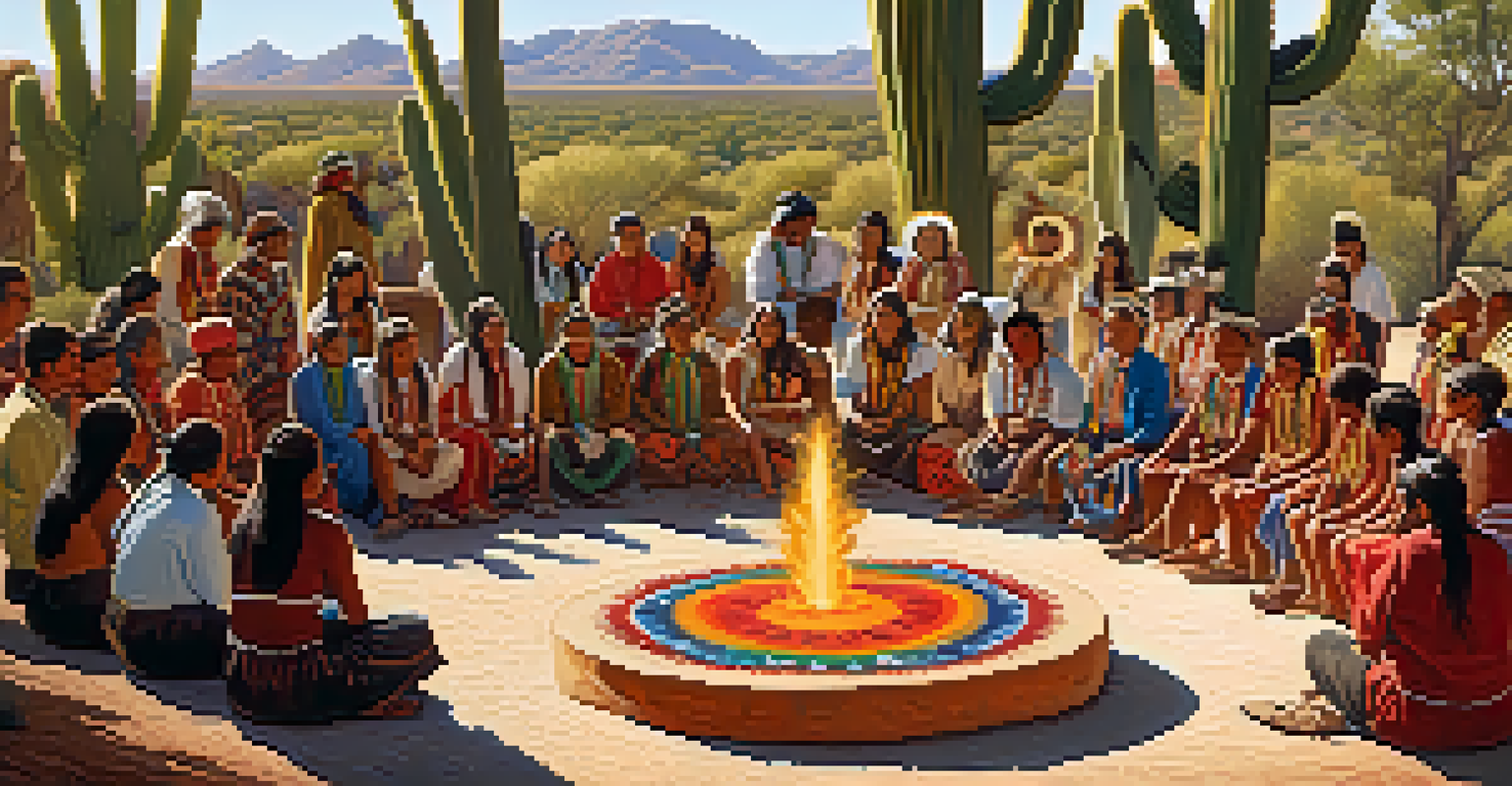 A group of people sitting in a circle around a peyote cactus during a traditional ceremony, surrounded by colorful textiles.