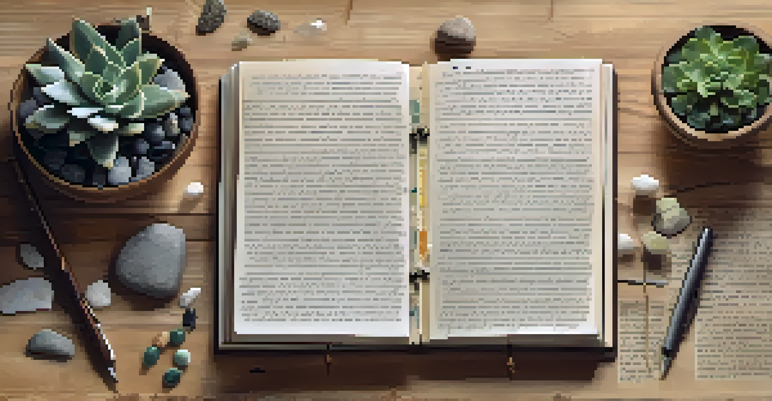 An open journal on a wooden table surrounded by natural elements, showcasing handwritten notes and a peyote cactus.