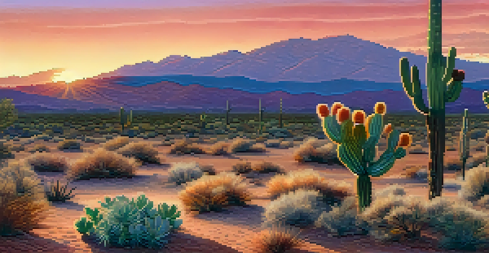 A tranquil desert scene with a small peyote cactus in the foreground and a colorful sunset in the background.