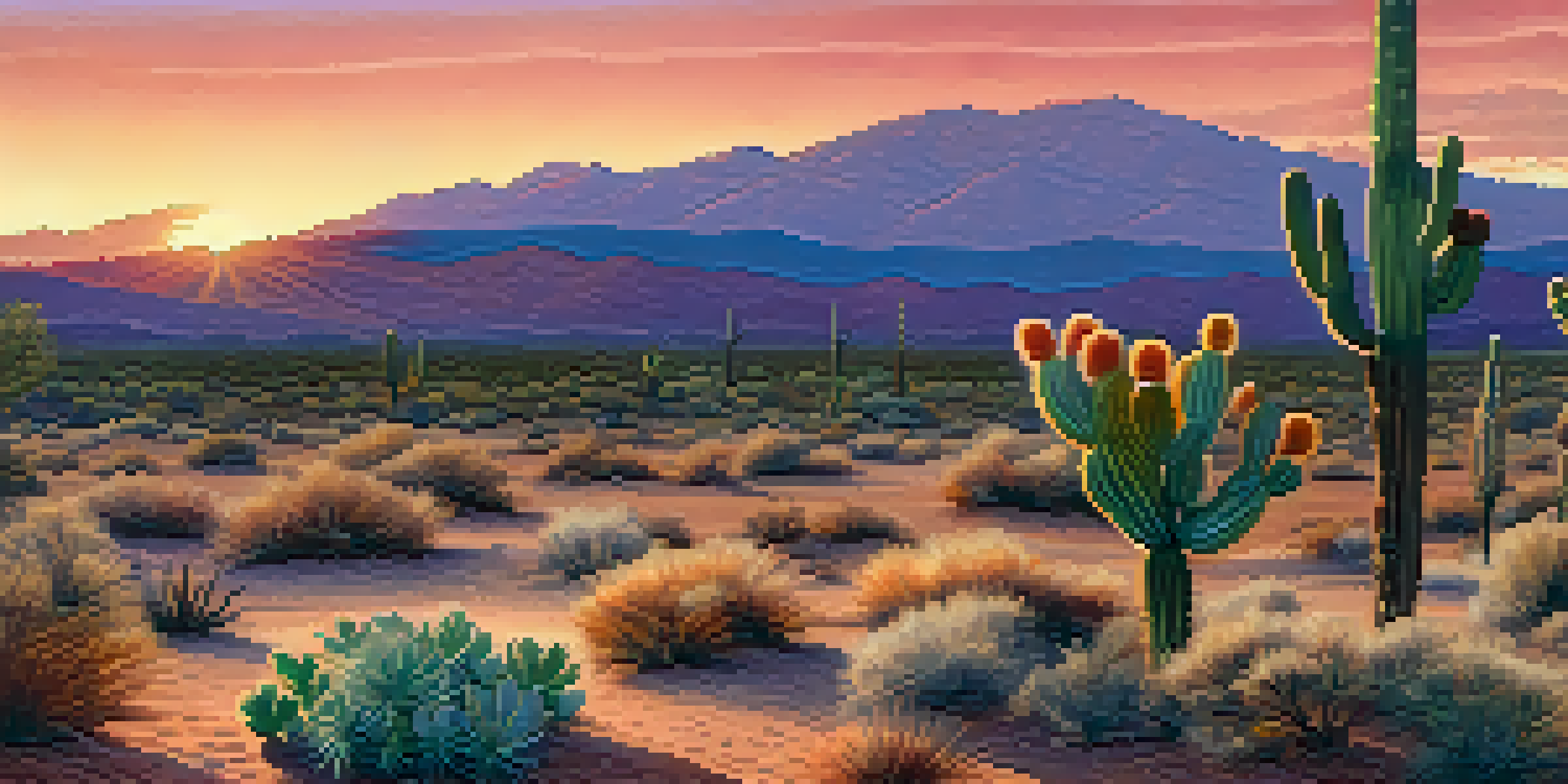 A tranquil desert scene with a small peyote cactus in the foreground and a colorful sunset in the background.