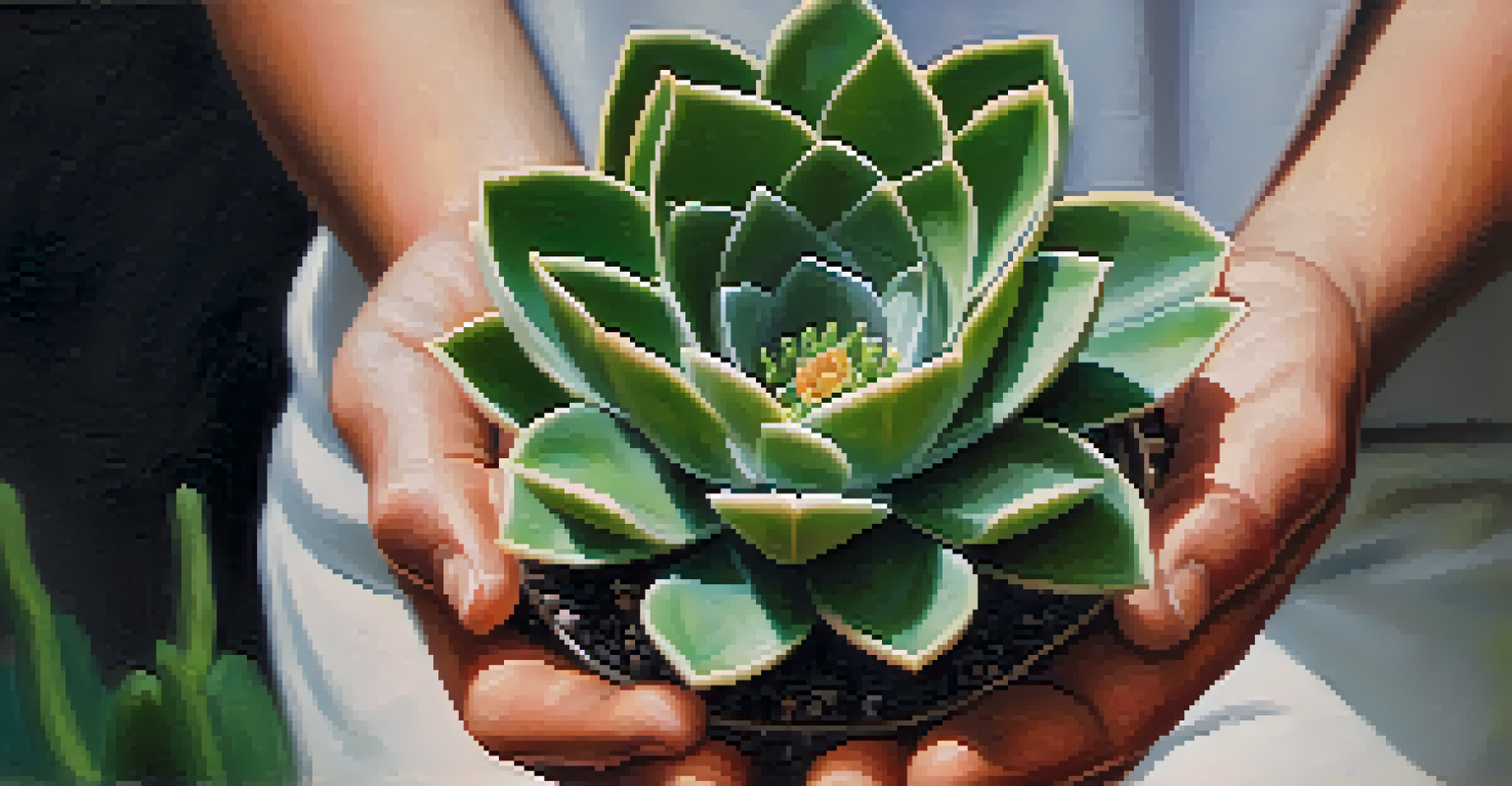 Close-up of hands holding a peyote cactus with a blurred green background.