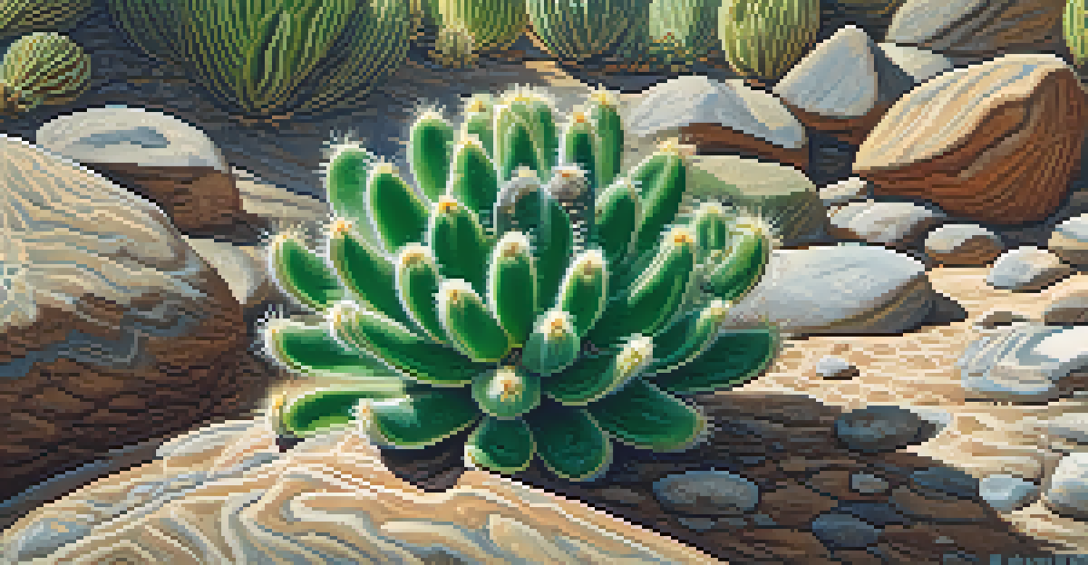 A close-up of a peyote cactus on a textured rock surface, emphasizing its vibrant green color and intricate details.