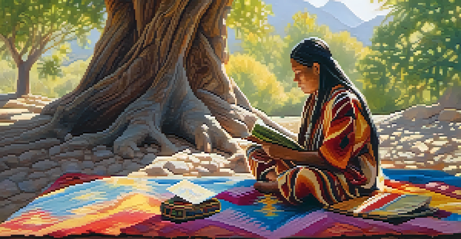 A person journaling under a tree before a peyote ceremony, surrounded by traditional artifacts and warm sunlight filtering through the leaves.