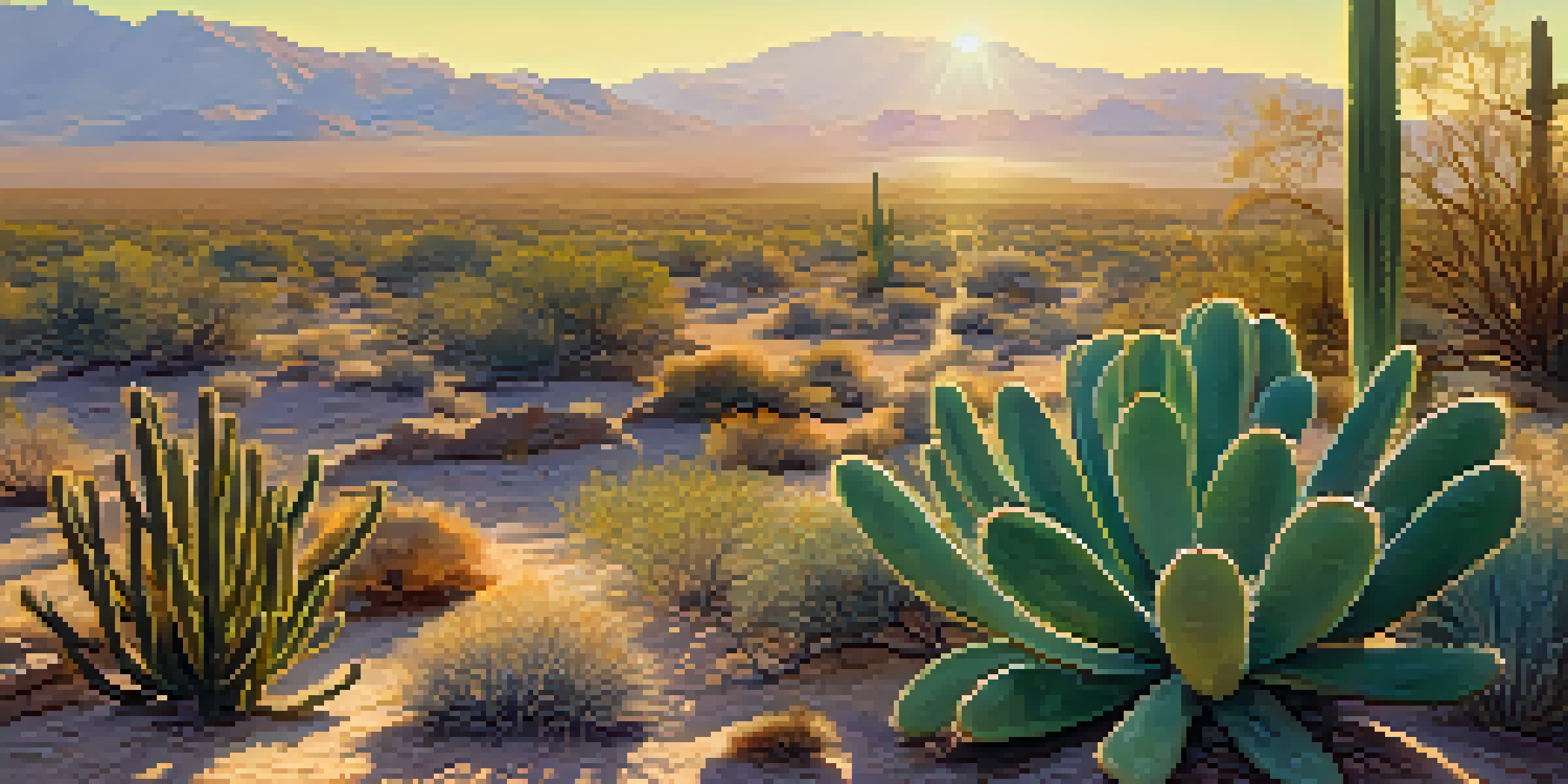 A peyote cactus in a peaceful desert landscape with warm sunset lighting, surrounded by green plants and distant mountains.