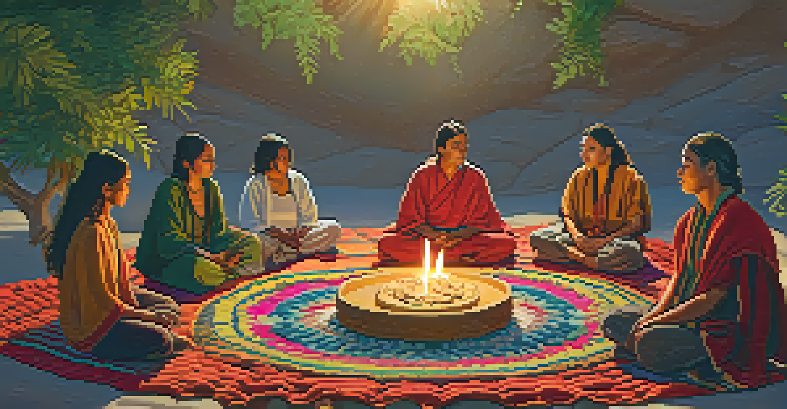 A group of diverse individuals participating in a peyote ceremony, sitting in a circle on blankets with flickering candlelight around them.