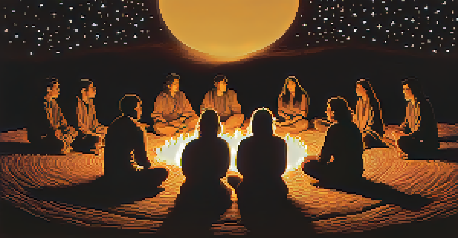 A group of individuals gathered around a fire during a peyote ceremony under a starry night sky, creating an atmosphere of reflection.