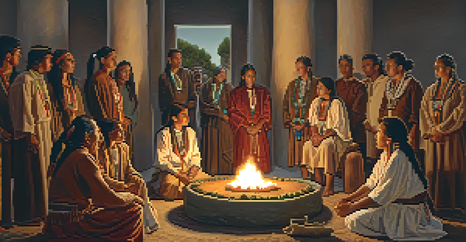 Native American individuals in traditional attire participating in a ceremony with a Peyote cactus at the center.
