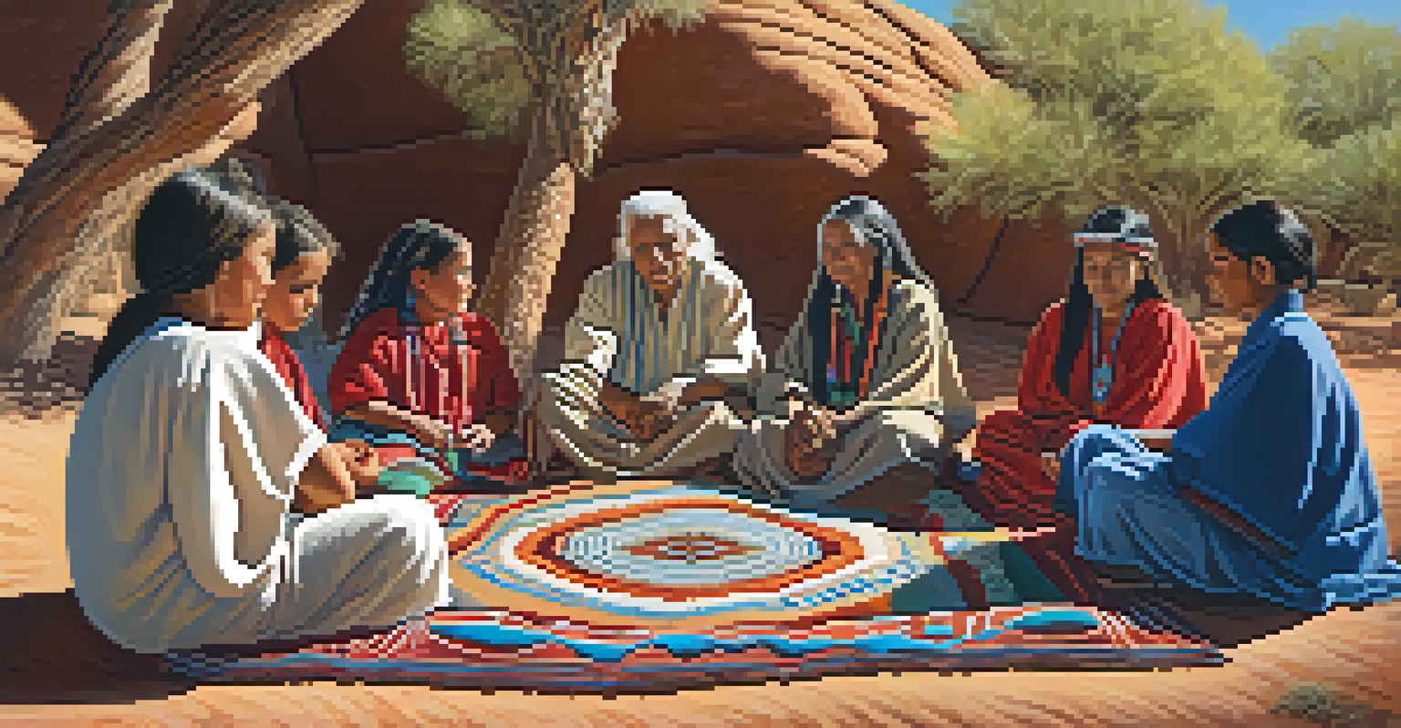 A vibrant peyote ceremony scene showing a female elder guiding young participants on a patterned blanket, surrounded by desert beauty and dappled sunlight.