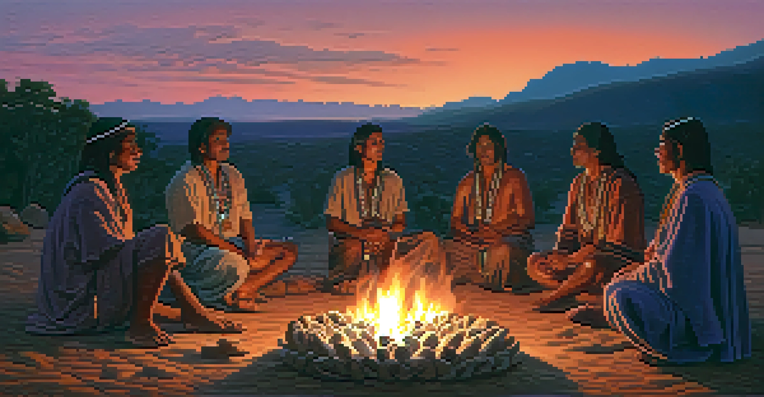 A peyote ceremony in a natural setting at twilight, featuring Indigenous people gathered around a fire with warm colors illuminating their traditional attire.